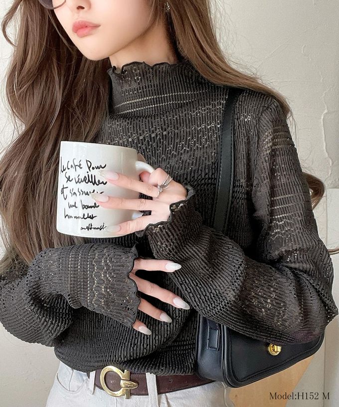 日本 Classical Elf - 鏤空蕾絲木耳邊小高領長袖上衣-黑