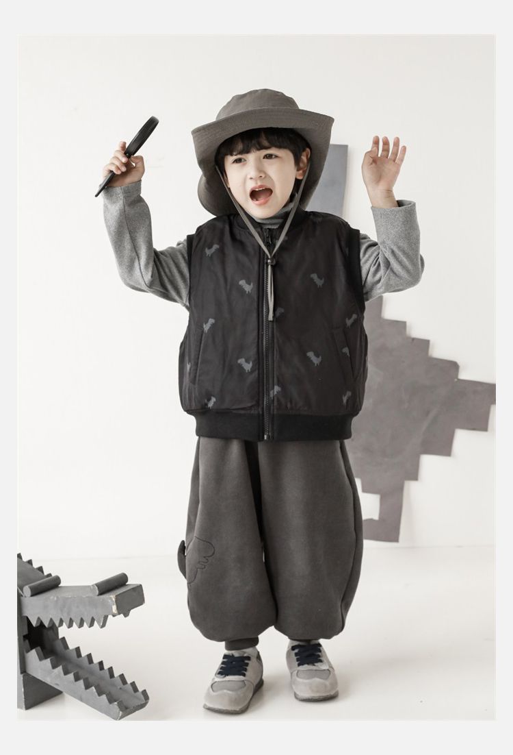 TONGMO - (加絨)腰鬆緊休閒束口長褲-描邊恐龍-深灰色