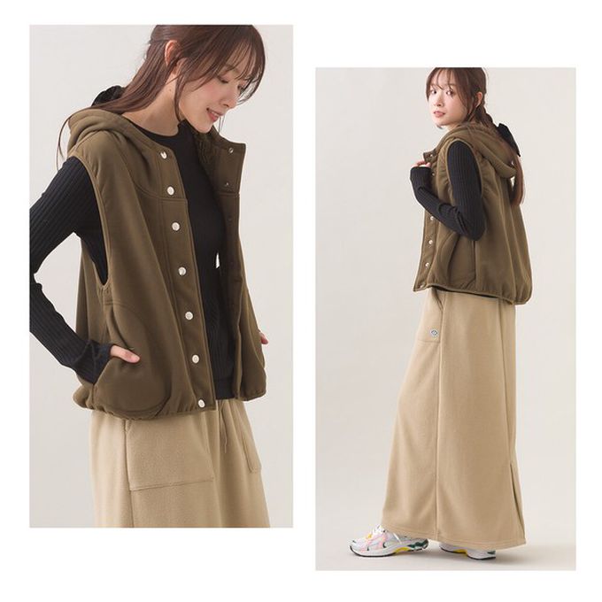 日本 OMNES - 裏起毛保暖短版運動風連帽背心-咖啡