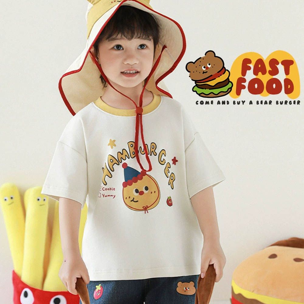 純棉圓領休閒短袖上衣-HAMBURGER-黃色領口