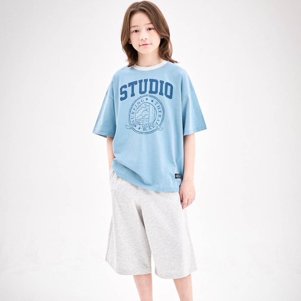 美式風格短袖上衣X過膝褲套裝-淺藍X淺灰