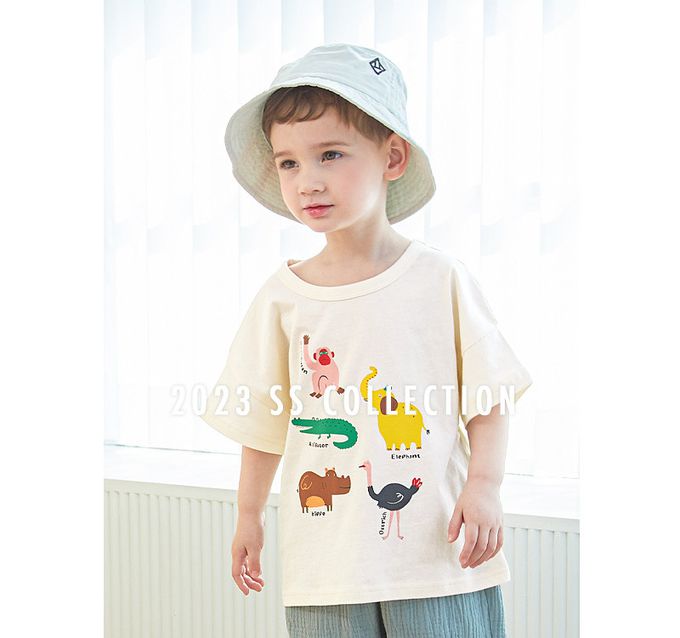 韓國 WALTON kids - 童趣非洲動物印短袖上衣-奶油米