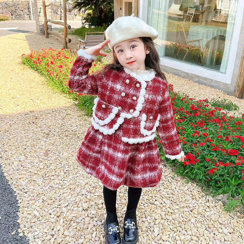 小香風綿綿雲朵連身裙套裝-背心裙+長袖外套-紅色