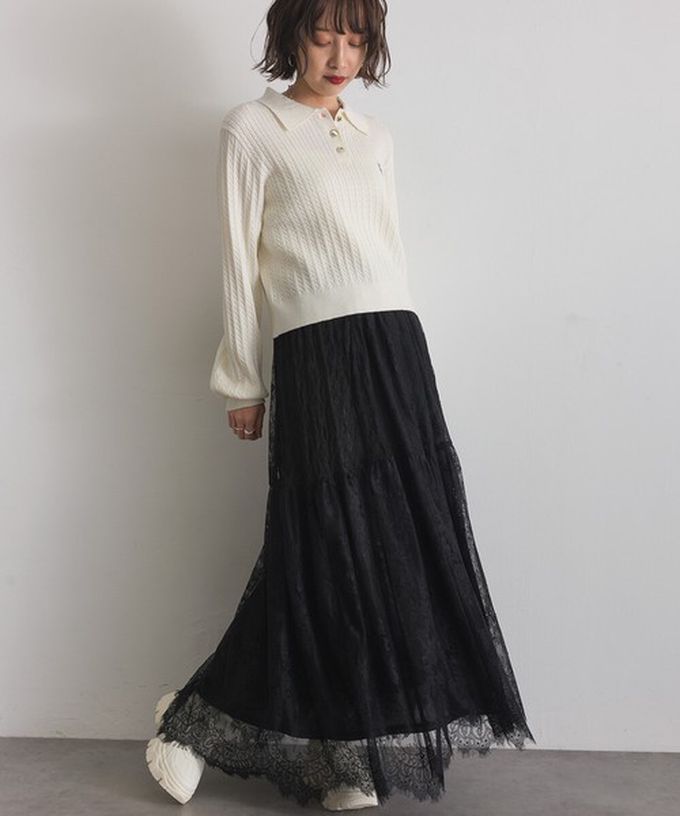 日本 ELENCARE DUE - 奢華睫毛蕾絲飄逸長裙(2件式)-黑