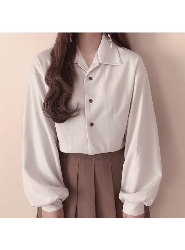 日本 GRL - 短版大翻領澎袖襯衫-淺杏