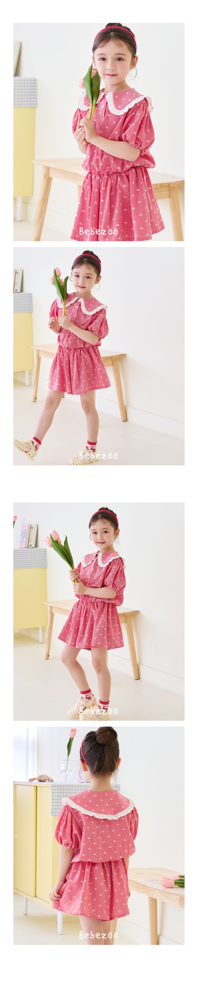 韓國 Bebezoo - 愛心細格荷葉翻領短袖套裝-紫