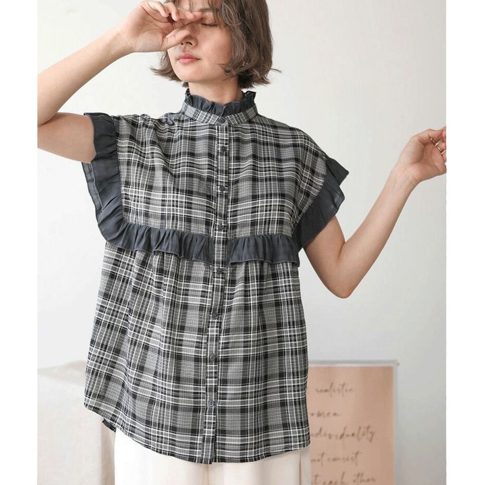 日本 Bou Jeloud - 設計感荷葉層次格紋短袖襯衫-黑