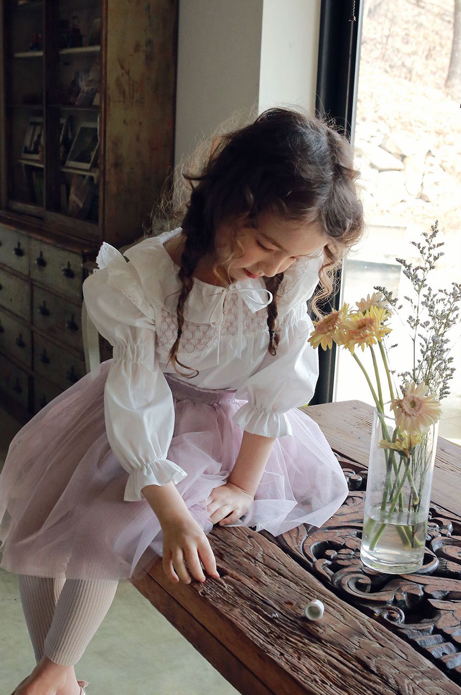 韓國 PuellaFLO - (現省50元)抓皺荷葉上衣+蕾絲蝴蝶結網紗褲裙-白上衣X粉紅紗裙