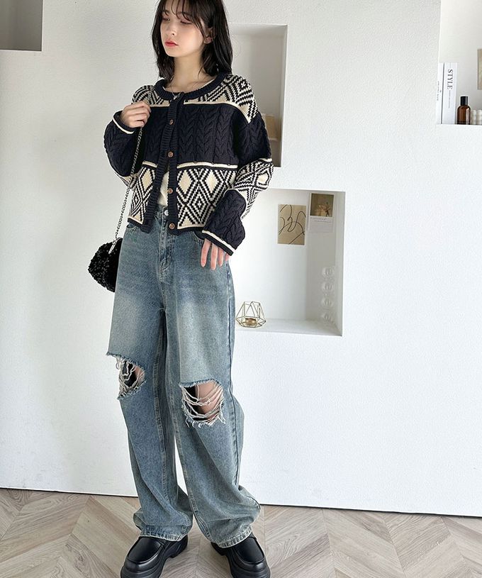 日本 Classical Elf - mily bilet 復古風北歐圖騰2way針織毛衣-藍