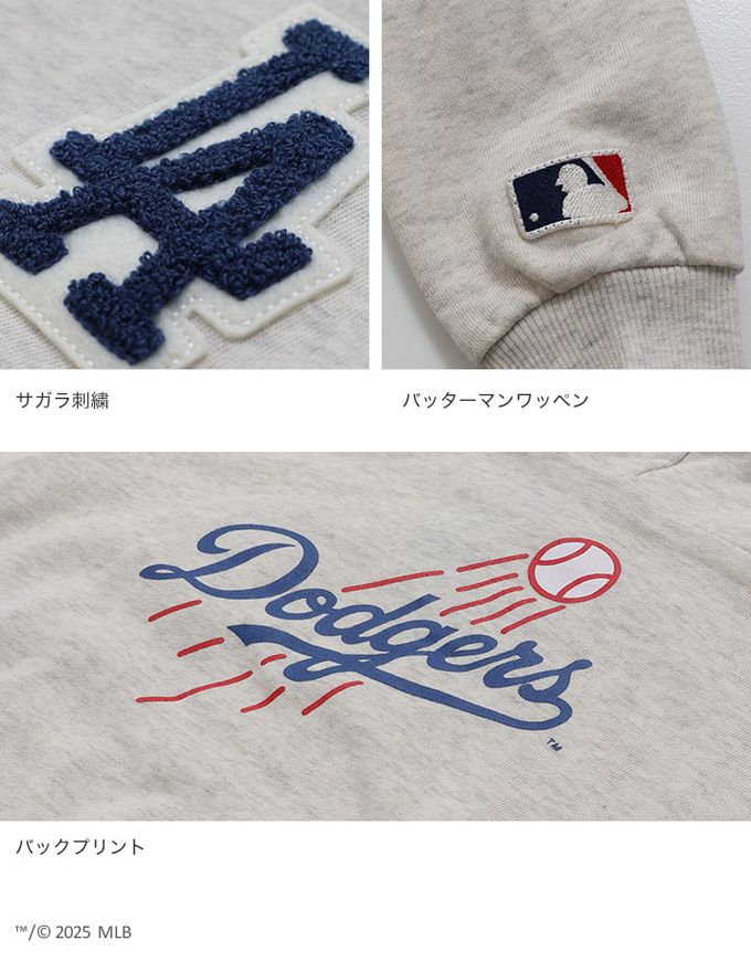 日本 Chil2 - MLB聯名 立體刺繡連帽長袖上衣-洛杉磯道奇-燕麥