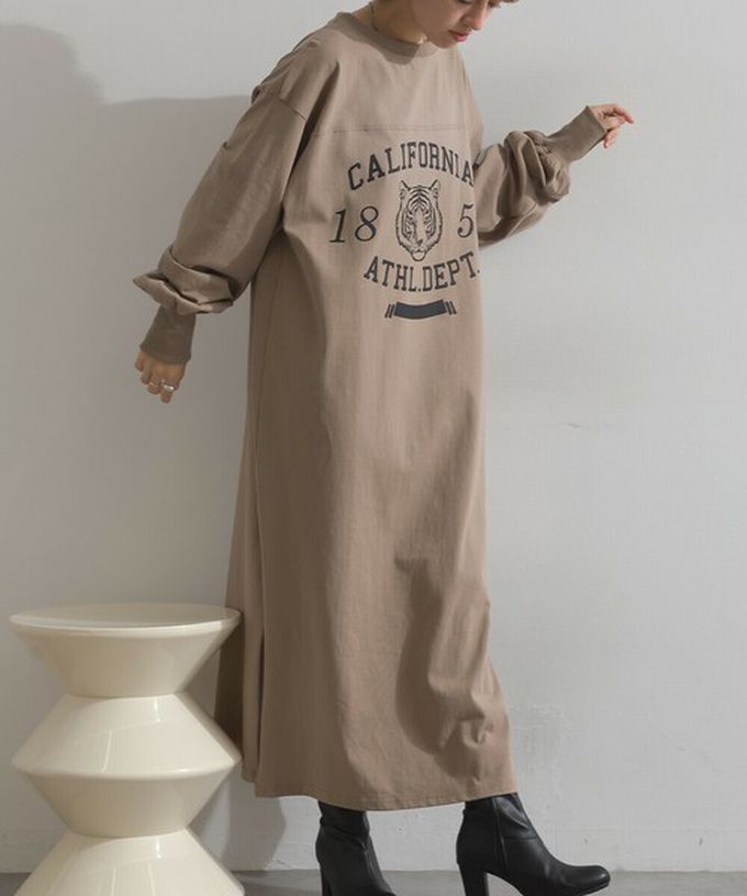 日本 Lupilien - 帥氣老虎印花側開叉長袖洋裝-濃綠