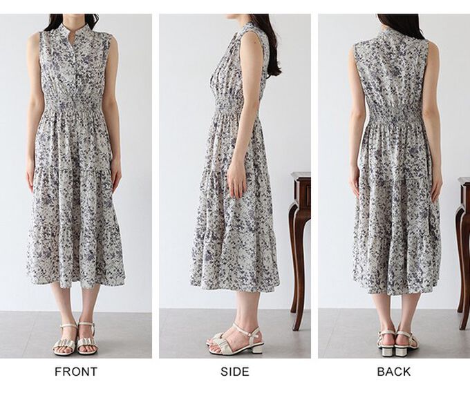 日本 BLUE EAST - 接觸冷感 縮腰顯瘦立領無袖洋裝-線條-黑 (M)