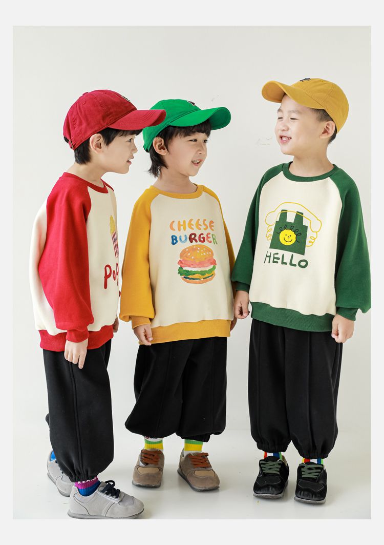 TONGMO - (加絨)卡通圓領保暖長袖上衣/大學T-漢堡-黃+米白