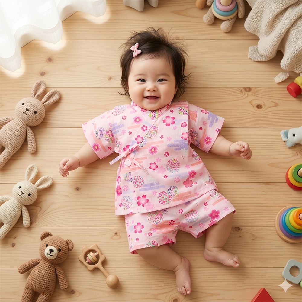 幼兒兩件式甚平-兔子鞠球圖案-粉紅色