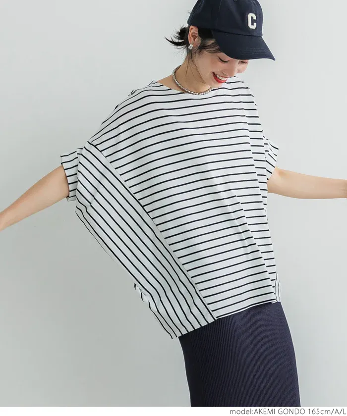 日本 COCA - 透氣百搭圓領飛鼠袖上衣-條紋-綠白