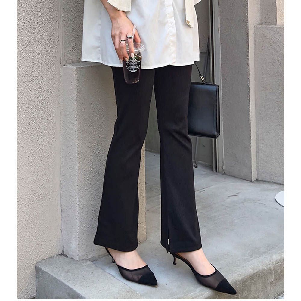 舒適細坑條美腿開叉喇叭褲-(可選長度)-黑