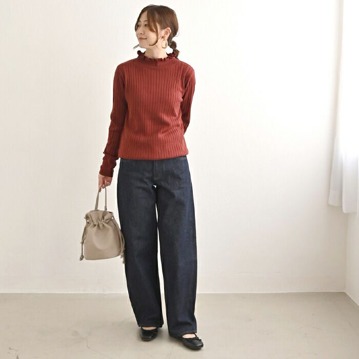 日本 ihuu - 百搭荷葉領羅紋薄針織上衣-芥末黃