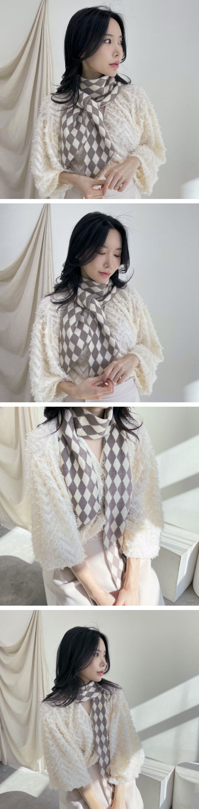 韓國 MAY - 菱形格紋雙面圍巾-灰卡其