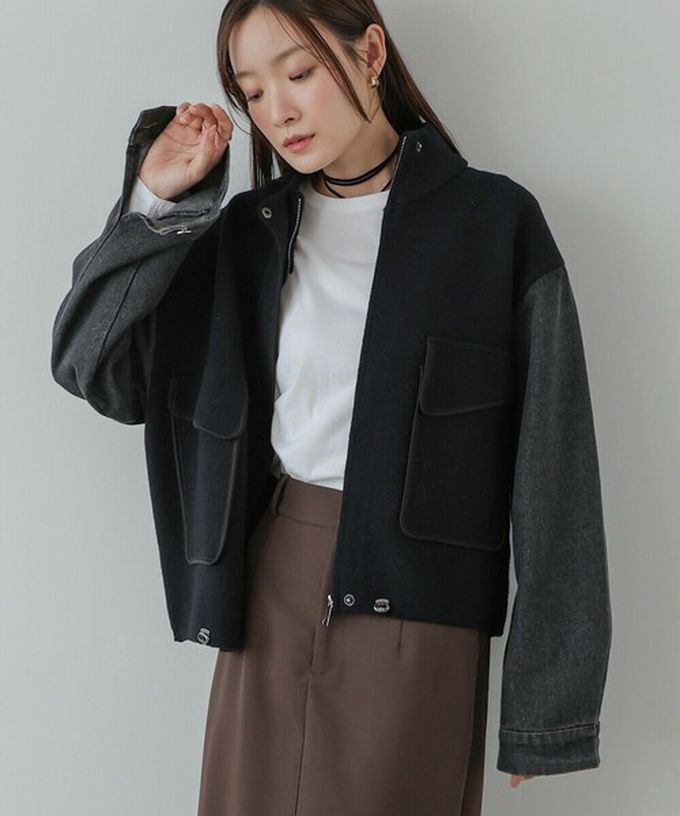 日本 Bab - 俐落簡潔丹寧袖拼接夾克/外套-黑系