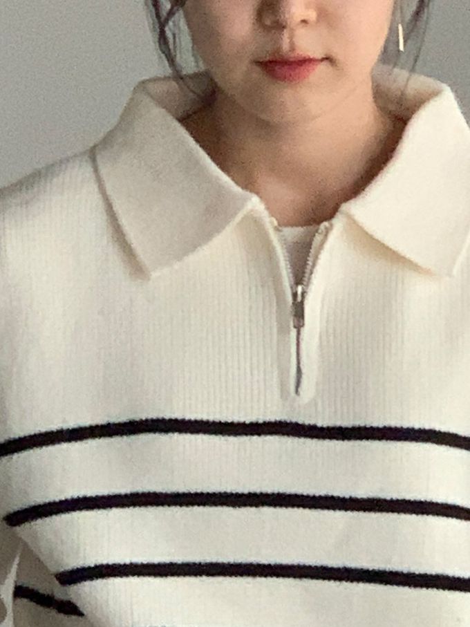 韓國女裝連線 - 拉鍊翻領條紋針織背心-米白 (FREE)