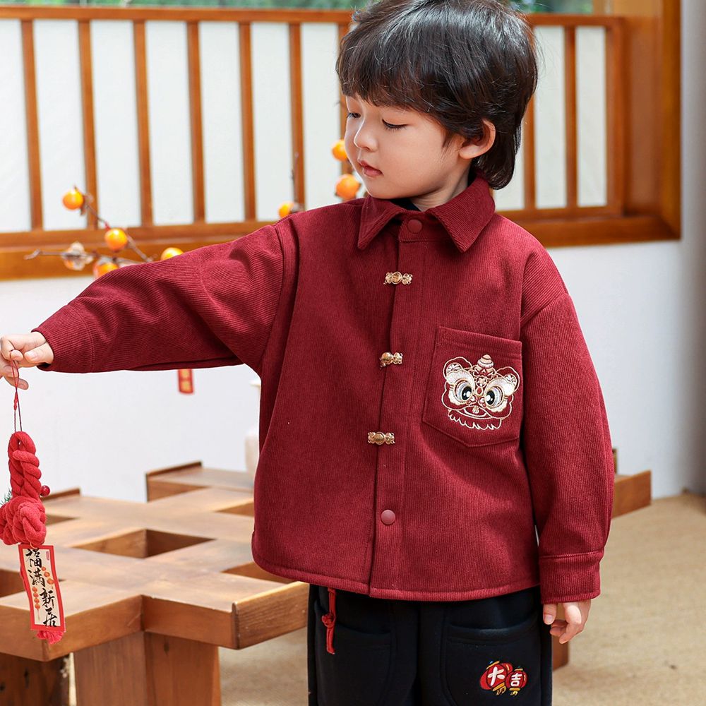 加絨保暖祥獅獻瑞燈芯絨襯衫-紅色