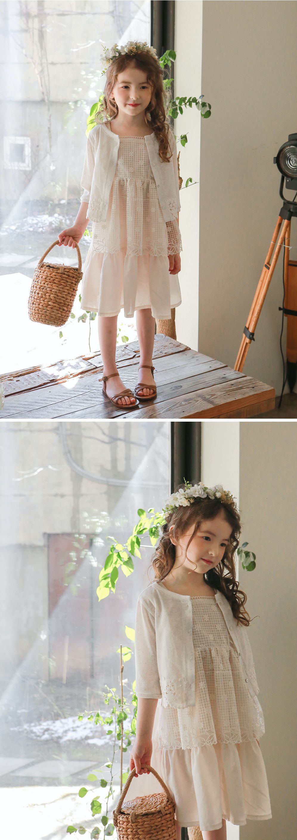 韓國 PuellaFLO - 假兩件格子花朵圍裙洋裝-米白