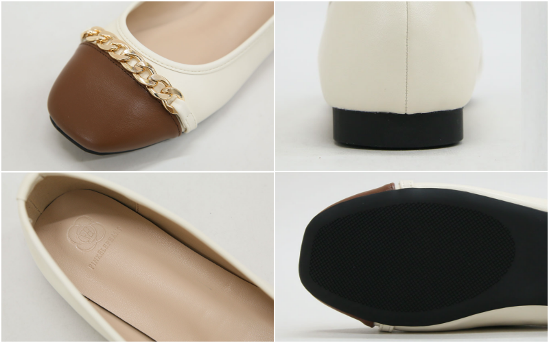 韓國 PINKELEPHANT - 鎖鏈拼色圓頭包鞋-米白X杏