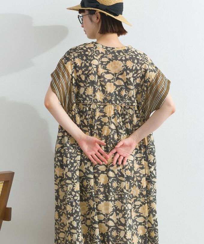 日本 Lupilien - 前後2way 自然風花卉印度棉輕盈洋裝-深灰x棕黃