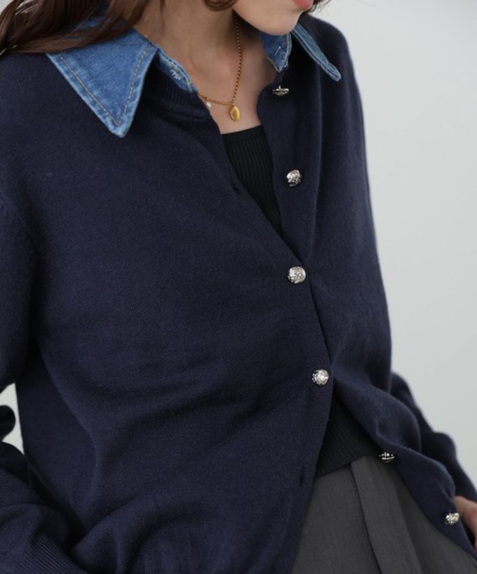 日本 Bab - 牛仔領時尚休閒感針織開襟衫-灰