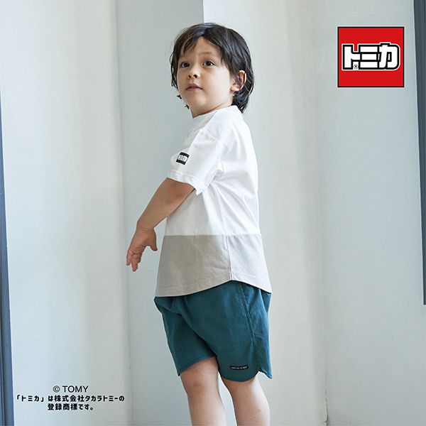 日本 b-ROOM - TOMICA聯名 印花短袖上衣-撞色-白x卡其