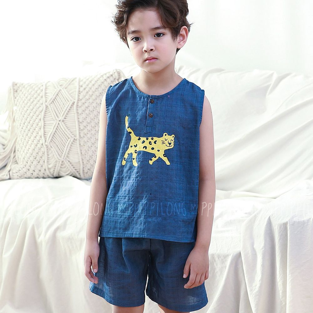 韓國 Ppippilong - 棉混紡涼感套裝-藍色花豹