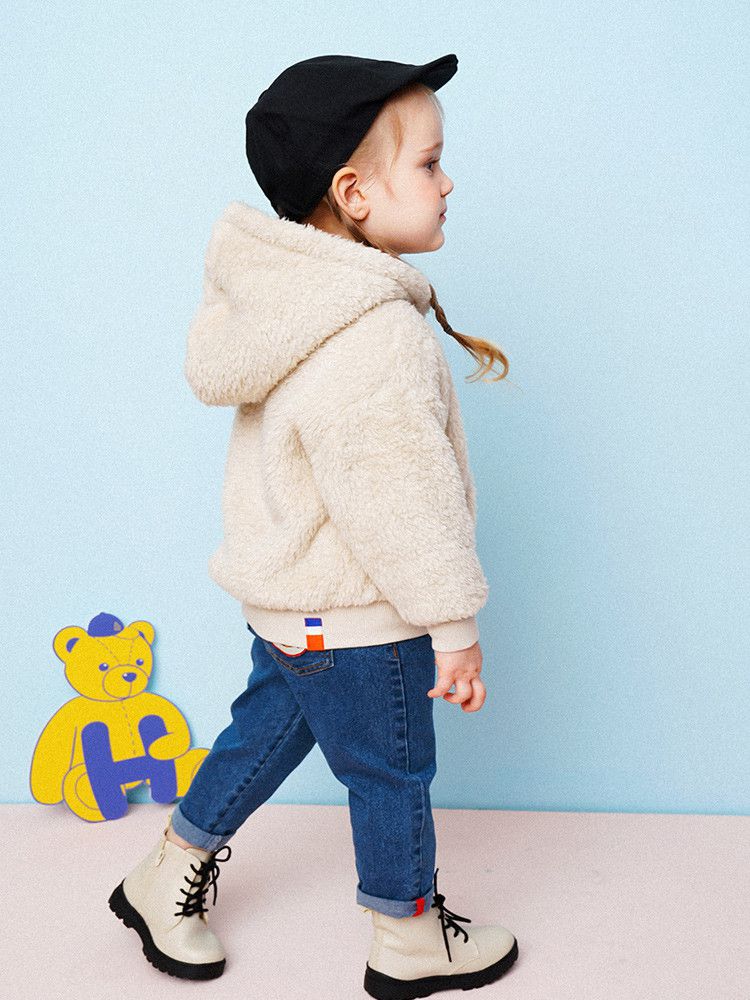 韓國 HEJMINI - 熊熊絨毛連帽夾克-卡其