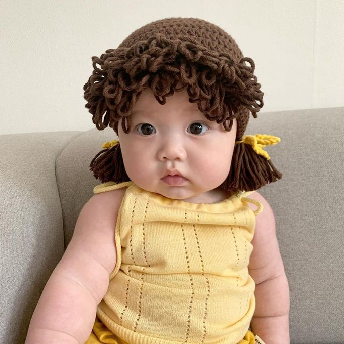 Vanibaby - 女寶寶假髮毛線帽(3-12M 帽圍40-46cm)-假辮子劉海款