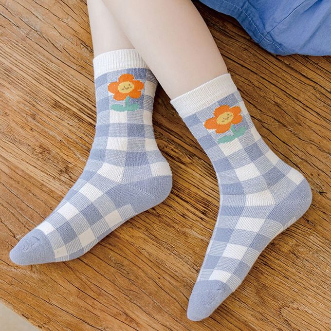 腳ㄚ子 - 兒童棉質中筒襪-藍色風鈴草