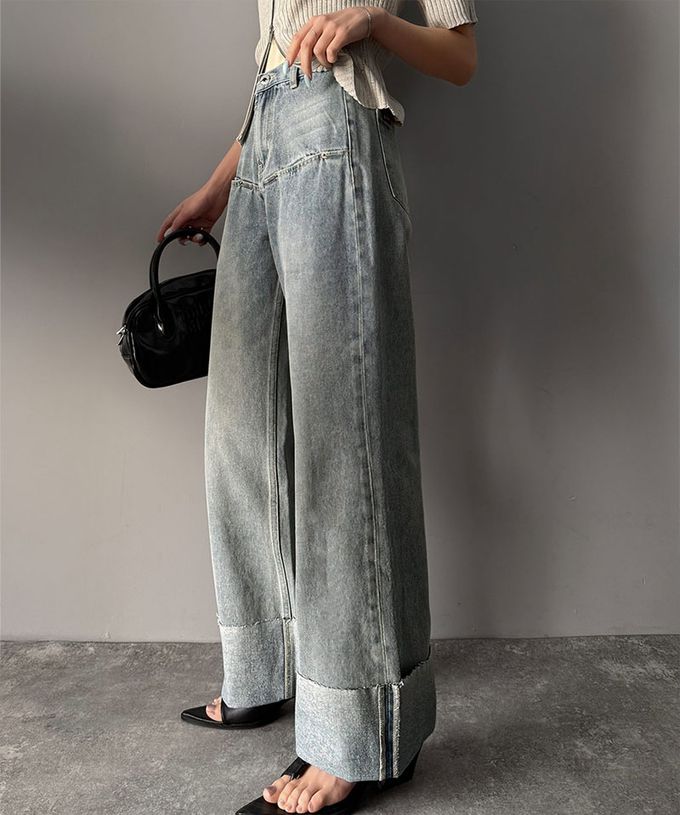 日本 Classical Elf - Java 時尚大反摺修身丹寧寬褲-灰黑