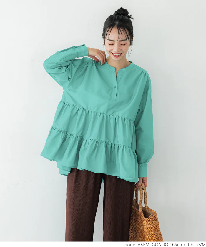 日本 COCA - 氣質蛋糕層次長袖上衣-經典黑