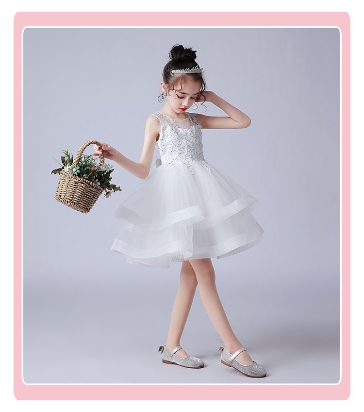 蕾絲網紗無袖澎澎紗裙-亮片小花-白色