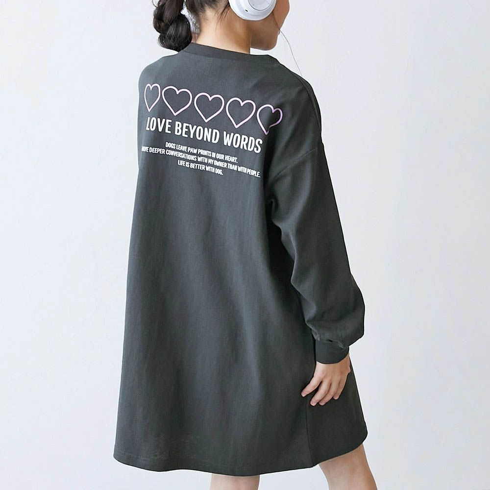 100%棉 定番印花休閒長袖洋裝-線條愛心-黑