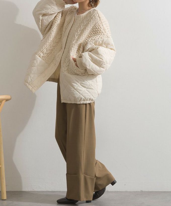 日本 Lupilien - 立體麻花絎縫拼接無領保暖外套-軍綠