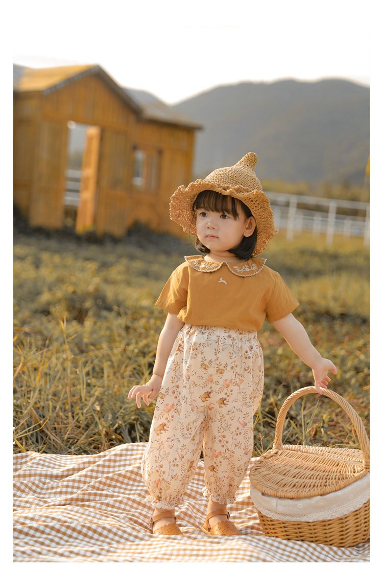 荷葉邊束口防蚊褲-滿版花花-黃色