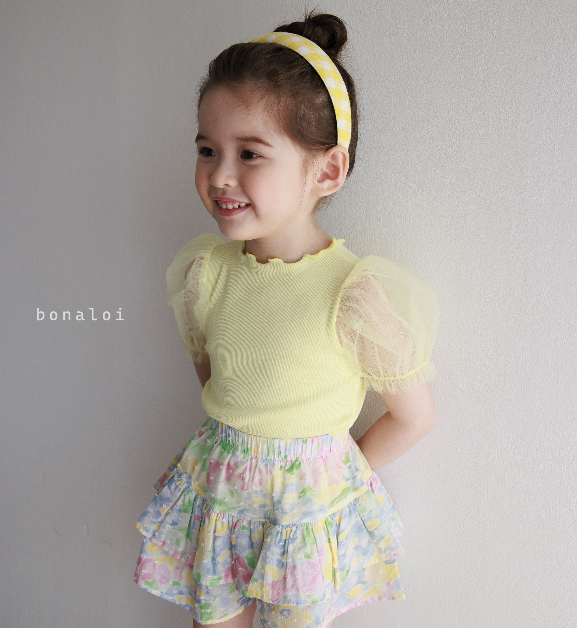 韓國 Bonaloi - 薄紗泡泡袖羅紋T-鵝黃