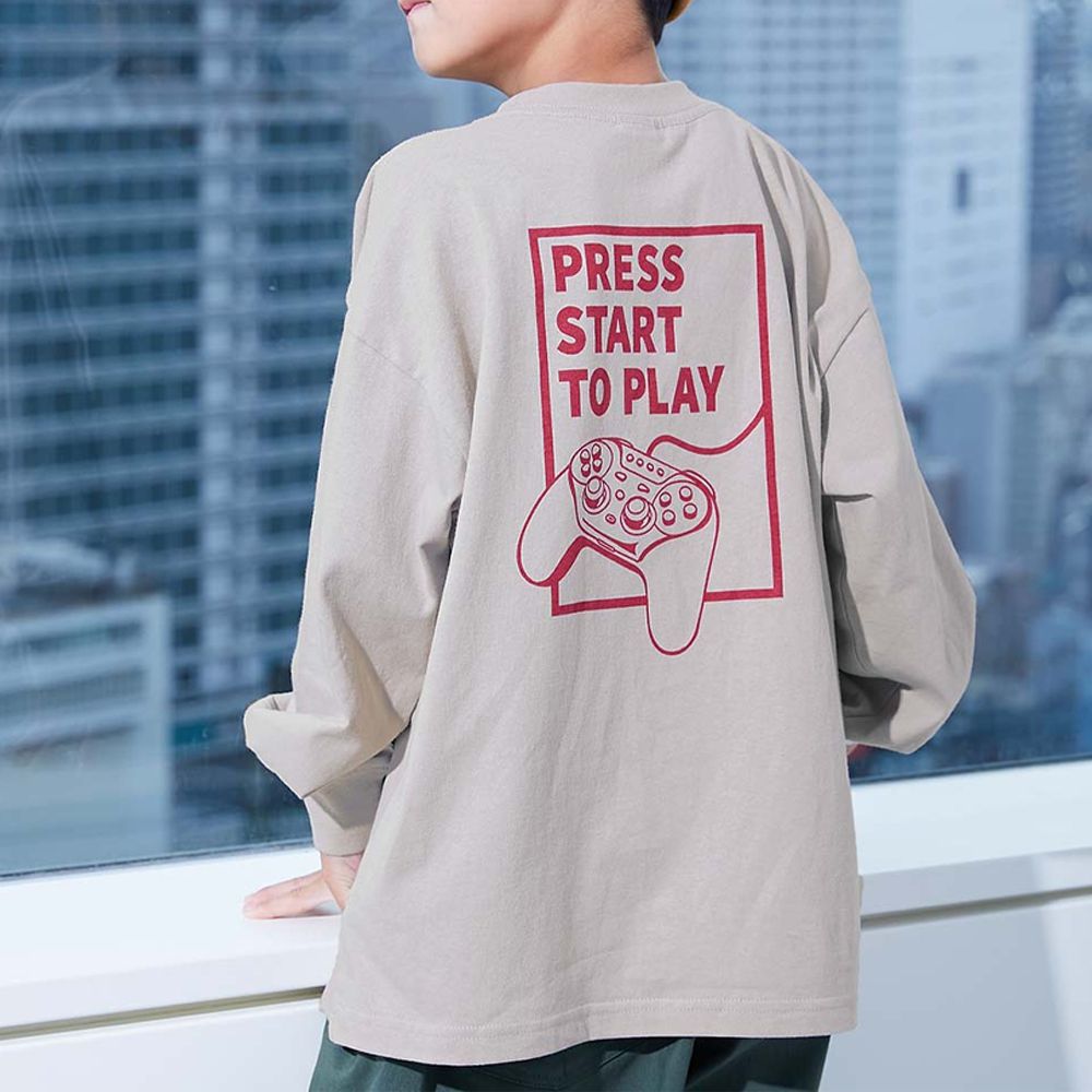 100%棉 定番印花寬版長袖上衣-遊戲機-灰棕