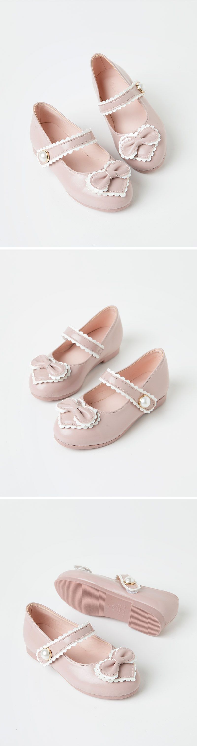 韓國 OZKIZ - 愛心蝴蝶結珠釦裝飾皮鞋-淺粉