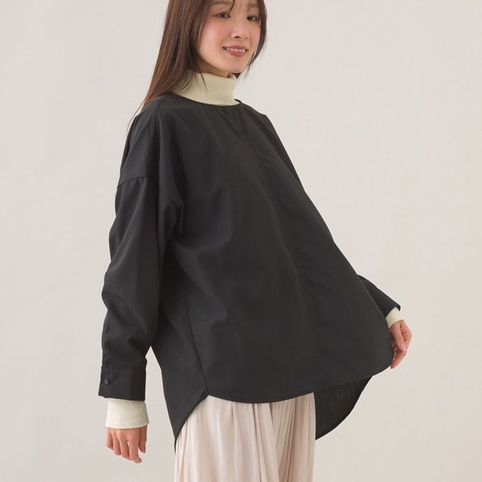 日本 OMNES - 圓弧優雅前短後長修身船領長袖上衣-條紋-藍