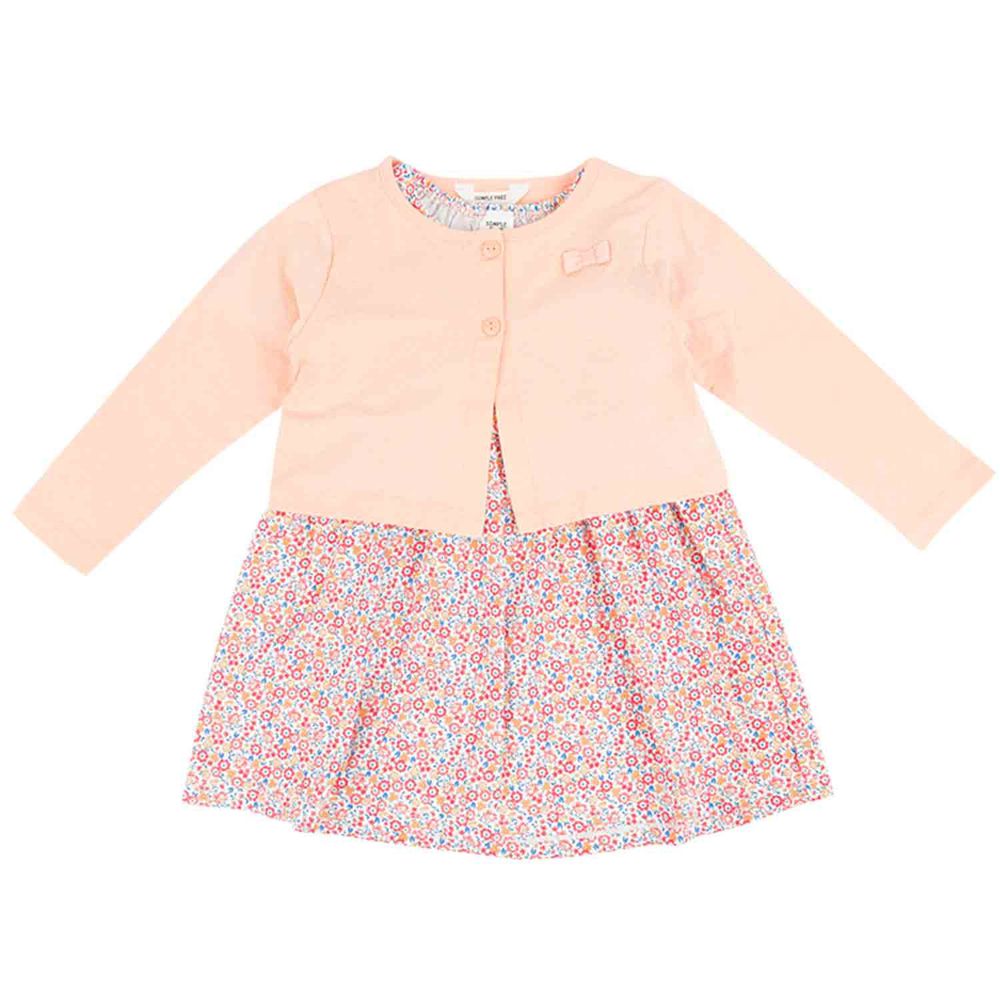 akachan honpo - 短袖洋裝+長袖開襟外套組-花紋-粉紅色