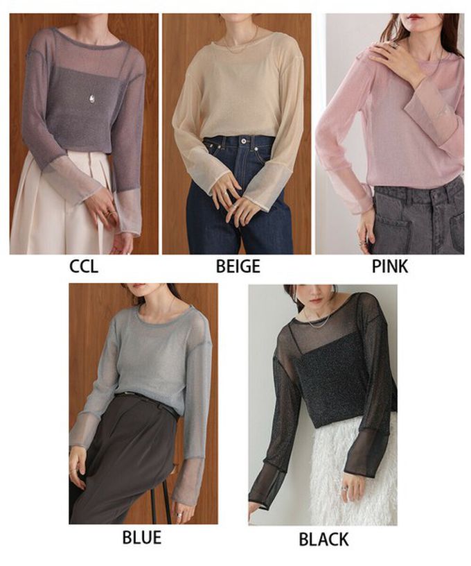 日本 Bab - 亮麗光澤歐根紗拼接透膚薄長袖上衣-淺卡其