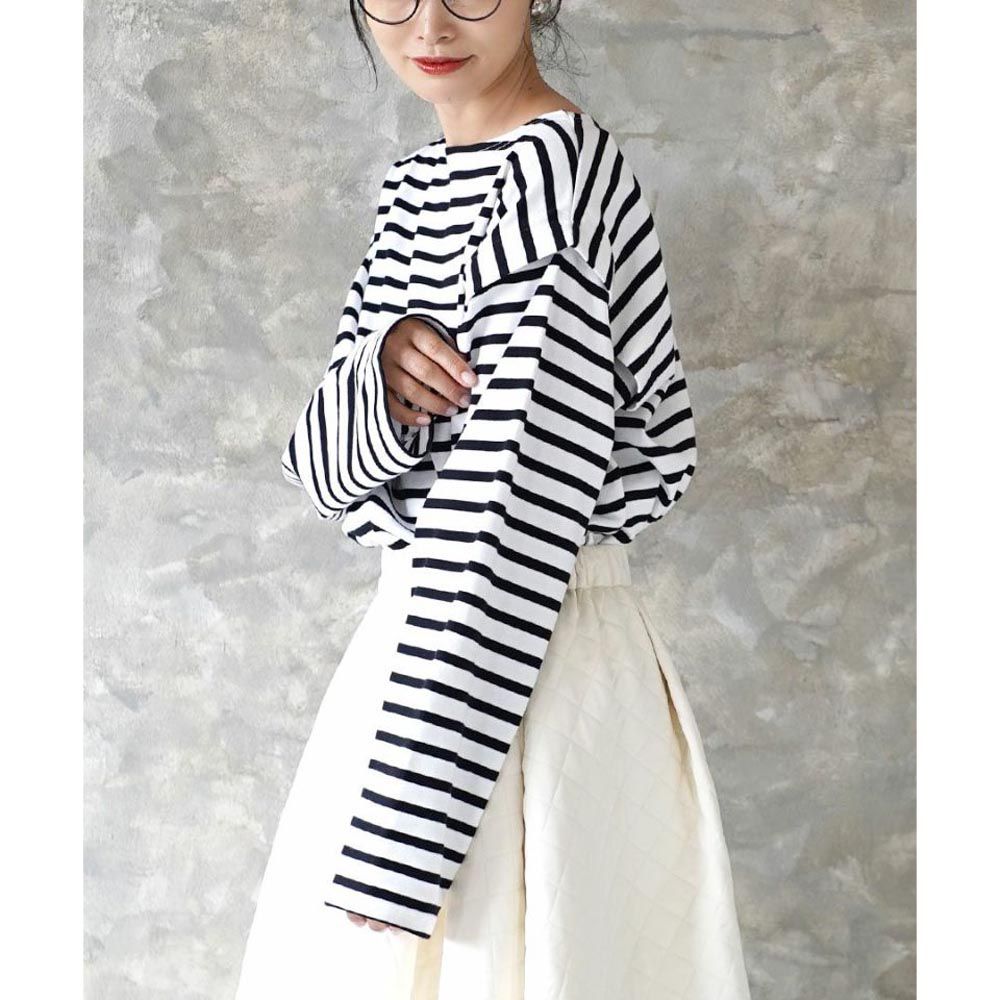 日本 zootie - 抗油污 時尚挖袖設計長袖上衣-條紋-白x黑