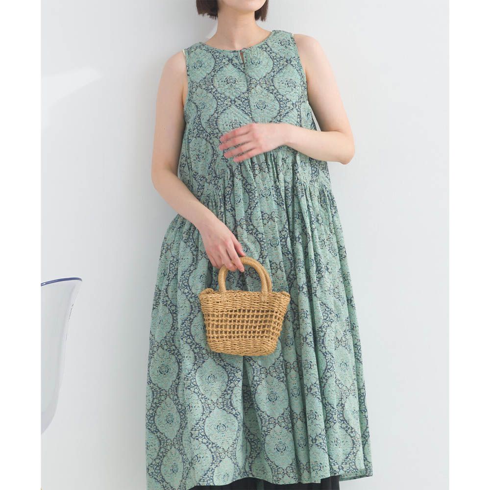 100%棉 歐風圖騰飄逸感無袖洋裝-藍綠