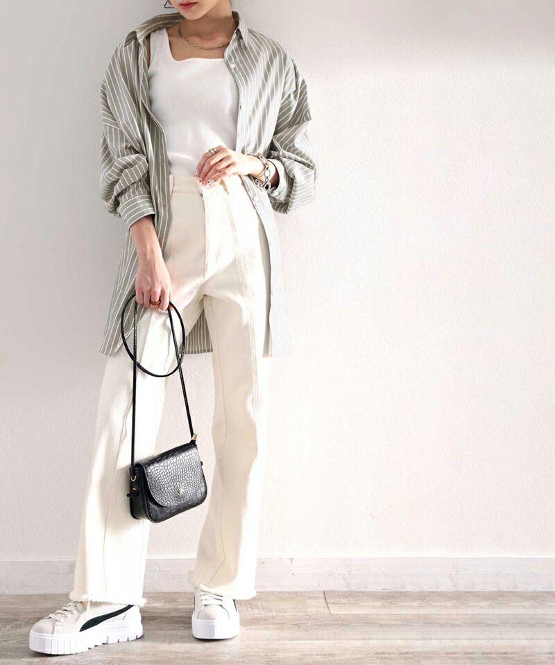 日本 Classical Elf - 胸前刺繡直條紋長袖襯衫-水藍