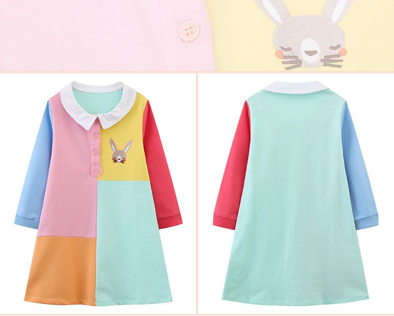 Jumping meters - 純棉翻領拼色長袖連身洋裝-兔子-粉+藍+紅+黃